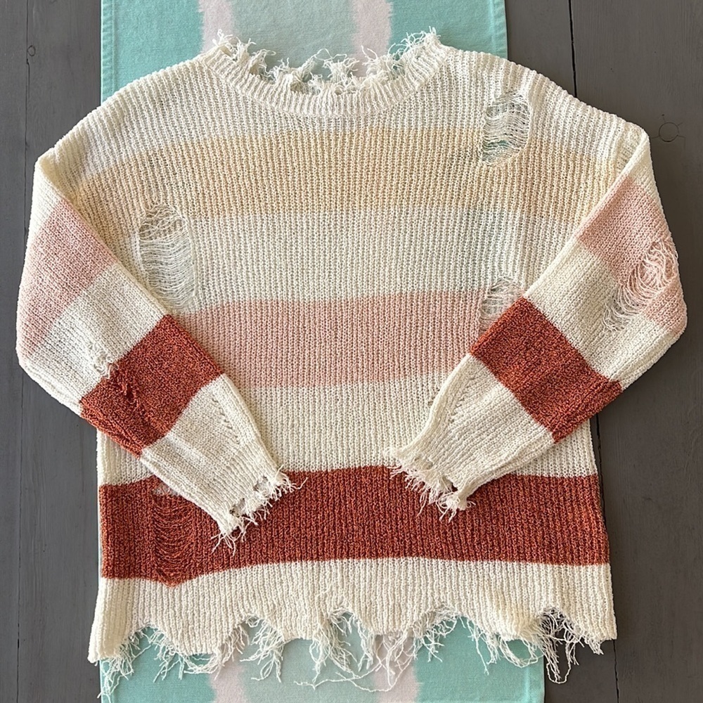 Le Lis Distressed Striped Knit Sweater Shark Bite Hem Boho Size S